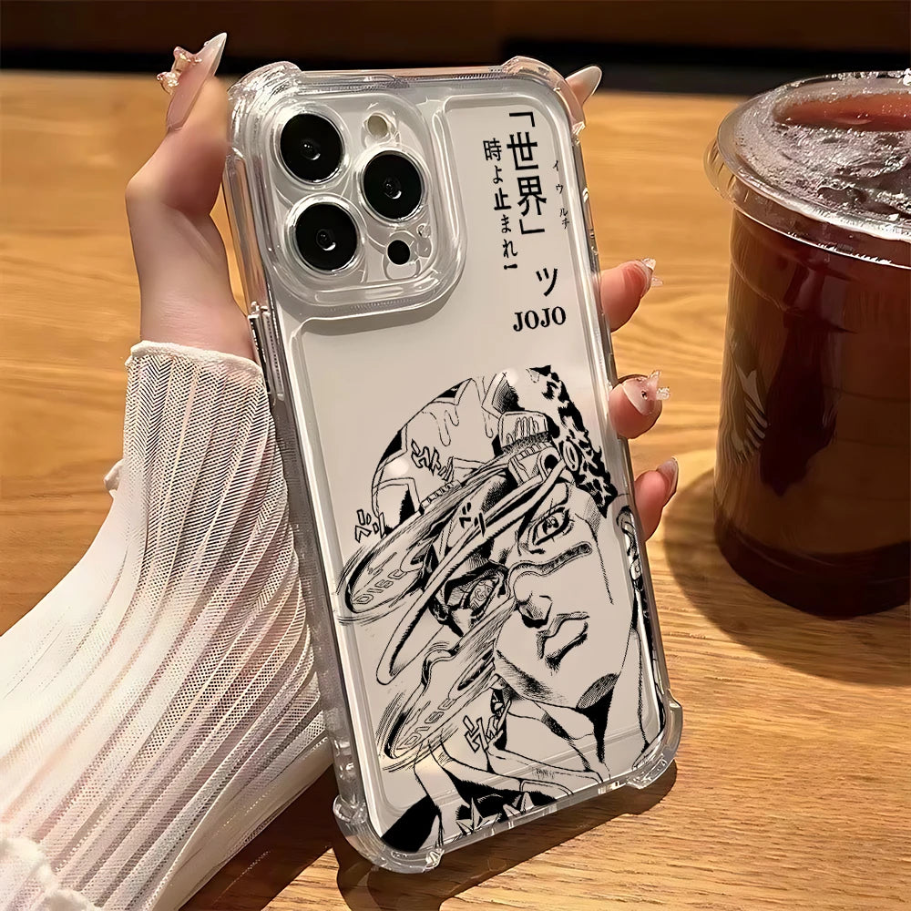Black Anime JoJo's Bizarre Adventure Phone Case For iPhone 16 15 14 13 12 Mini Pro Max X XR XSMax 7 8 Plus Anti Fall Transparent