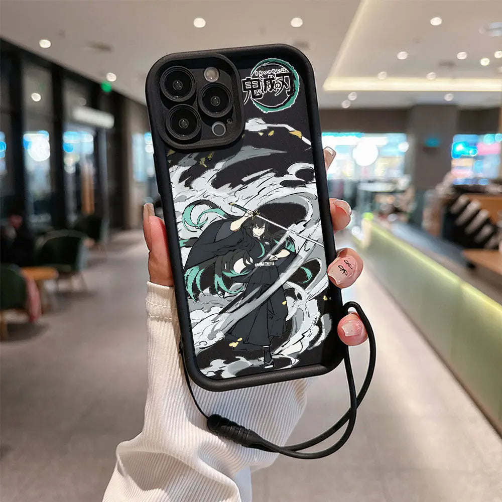 Kamado Nezuko Demons Slayer Phone Case for IPhone 15 14 13 12 11 Pro Max Mini XR XS X 7 8 Plus Soft TPU Cover With Hand Strap