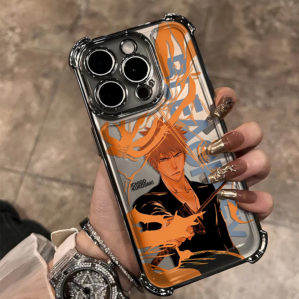 New HotAnime Cool BLEACH Plating Case For iPhone 16 15 14 13 12 11 Pro Max X XR XSMax 7 8 6 Plus Anti-Fall Airabag Back Cover