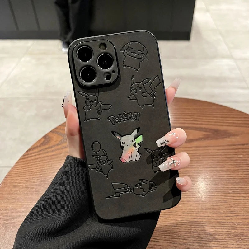 Japan Anime P-Pokemon P-Pikachus Phone Cover for iPhone 12 13 14 15 16 17 Pro Max Plus 11 16plus Air Laser Emboss Leather Case