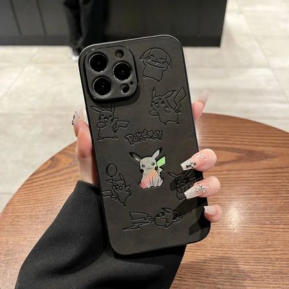 Japan Anime P-Pokemon P-Pikachus Phone Cover for iPhone 12 13 14 15 16 17 Pro Max Plus 11 16plus Air Laser Emboss Leather Case