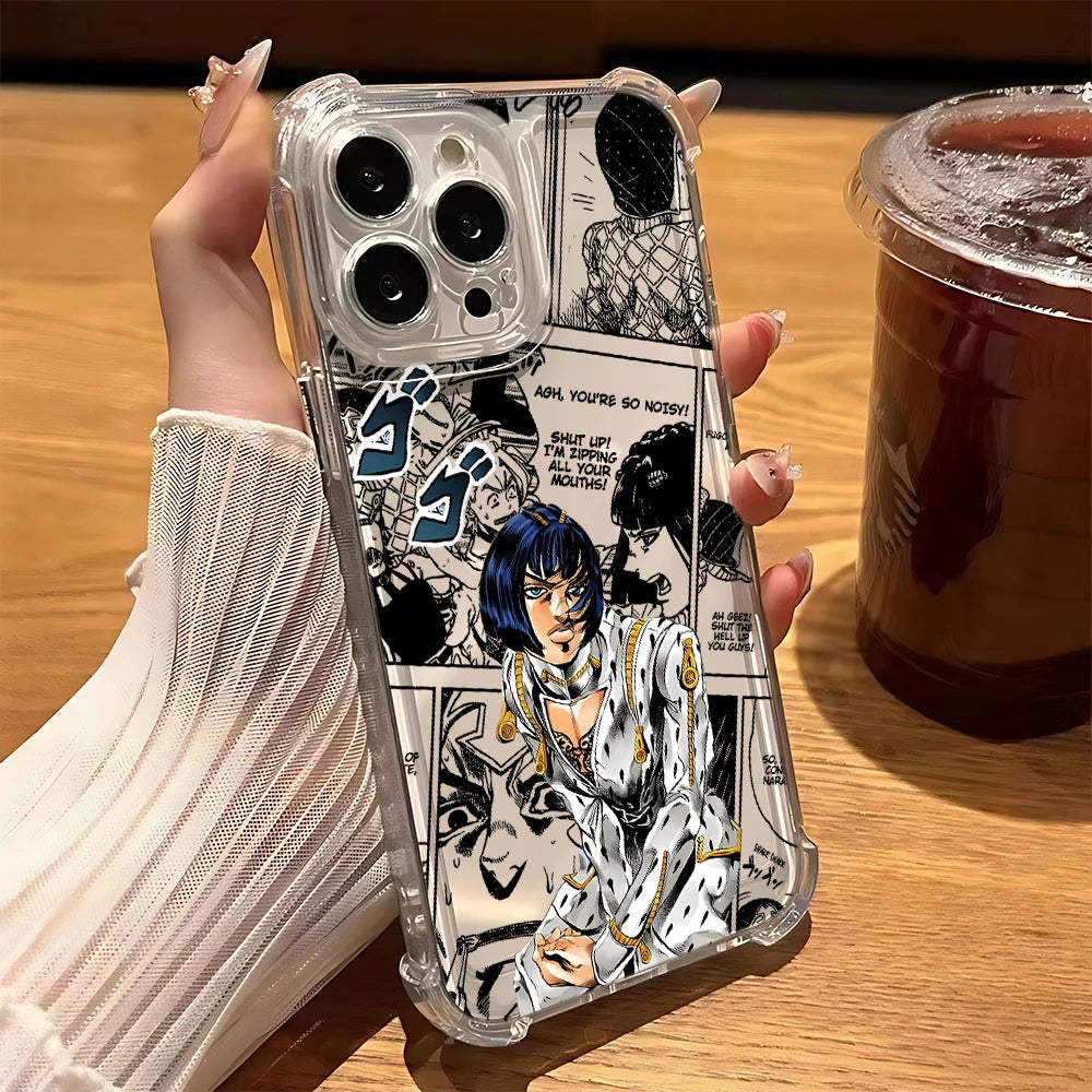 Black Anime JoJo's Bizarre Adventure Phone Case For iPhone 16 15 14 13 12 Mini Pro Max X XR XSMax 7 8 Plus Anti Fall Transparent