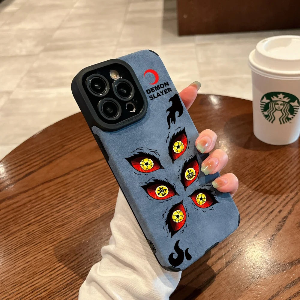 Luxury Kokushibo demon Eye Suede Leather Silicone Case protection for iPhone 17 16 15 13 12 11 14 Pro Max XS XR 7 8 Plus X Coque