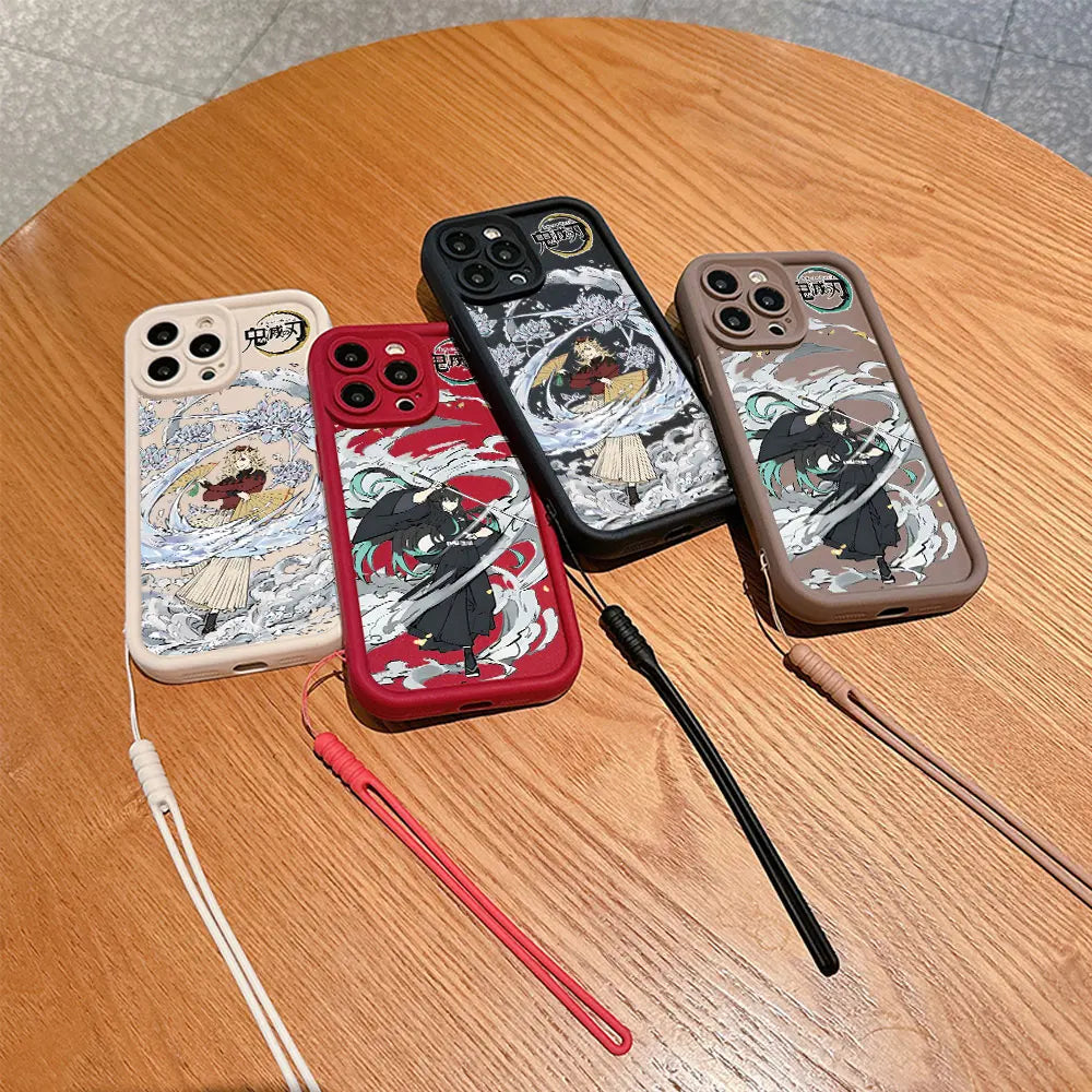 Kamado Nezuko Demons Slayer Phone Case for IPhone 15 14 13 12 11 Pro Max Mini XR XS X 7 8 Plus Soft TPU Cover With Hand Strap