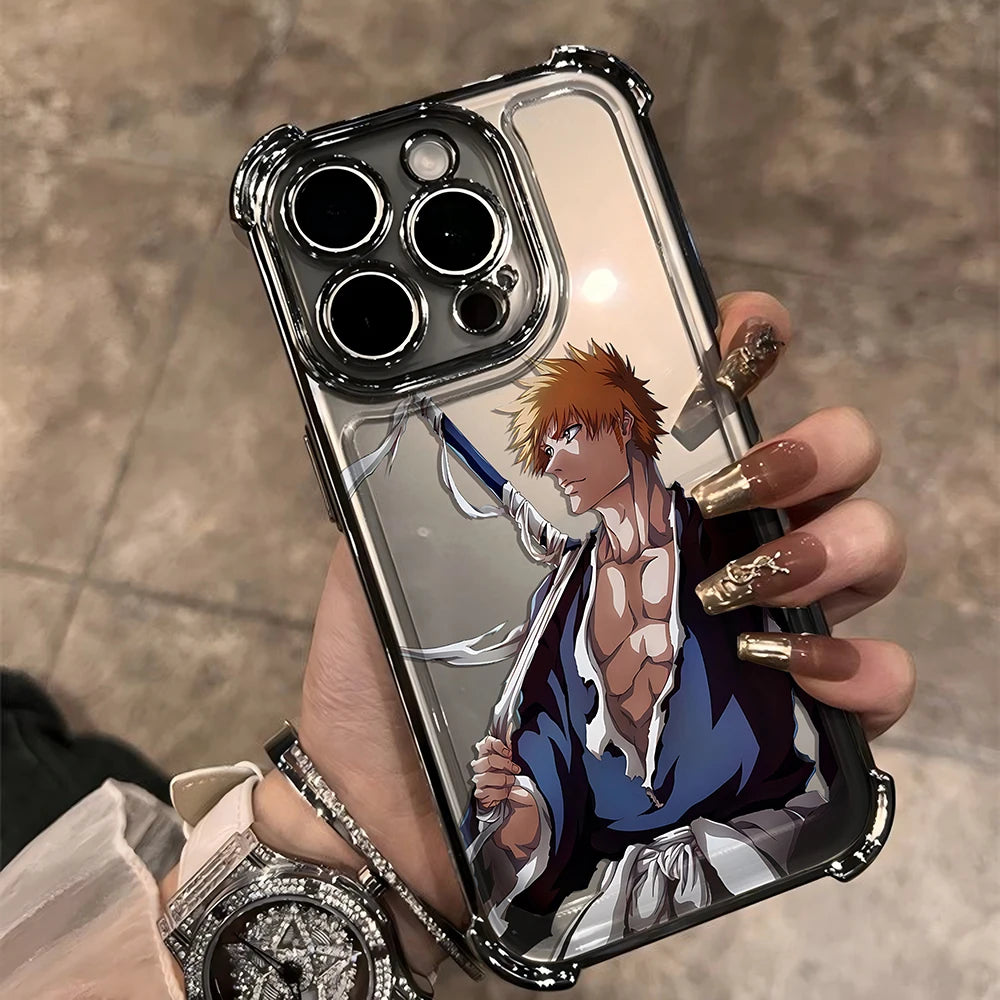 New HotAnime Cool BLEACH Plating Case For iPhone 16 15 14 13 12 11 Pro Max X XR XSMax 7 8 6 Plus Anti-Fall Airabag Back Cover