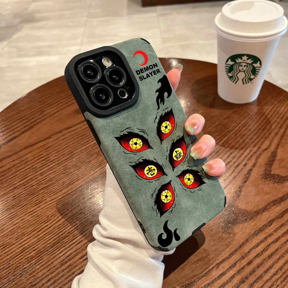 Luxury Kokushibo demon Eye Suede Leather Silicone Case protection for iPhone 17 16 15 13 12 11 14 Pro Max XS XR 7 8 Plus X Coque