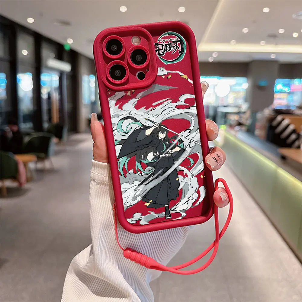 Kamado Nezuko Demons Slayer Phone Case for IPhone 15 14 13 12 11 Pro Max Mini XR XS X 7 8 Plus Soft TPU Cover With Hand Strap