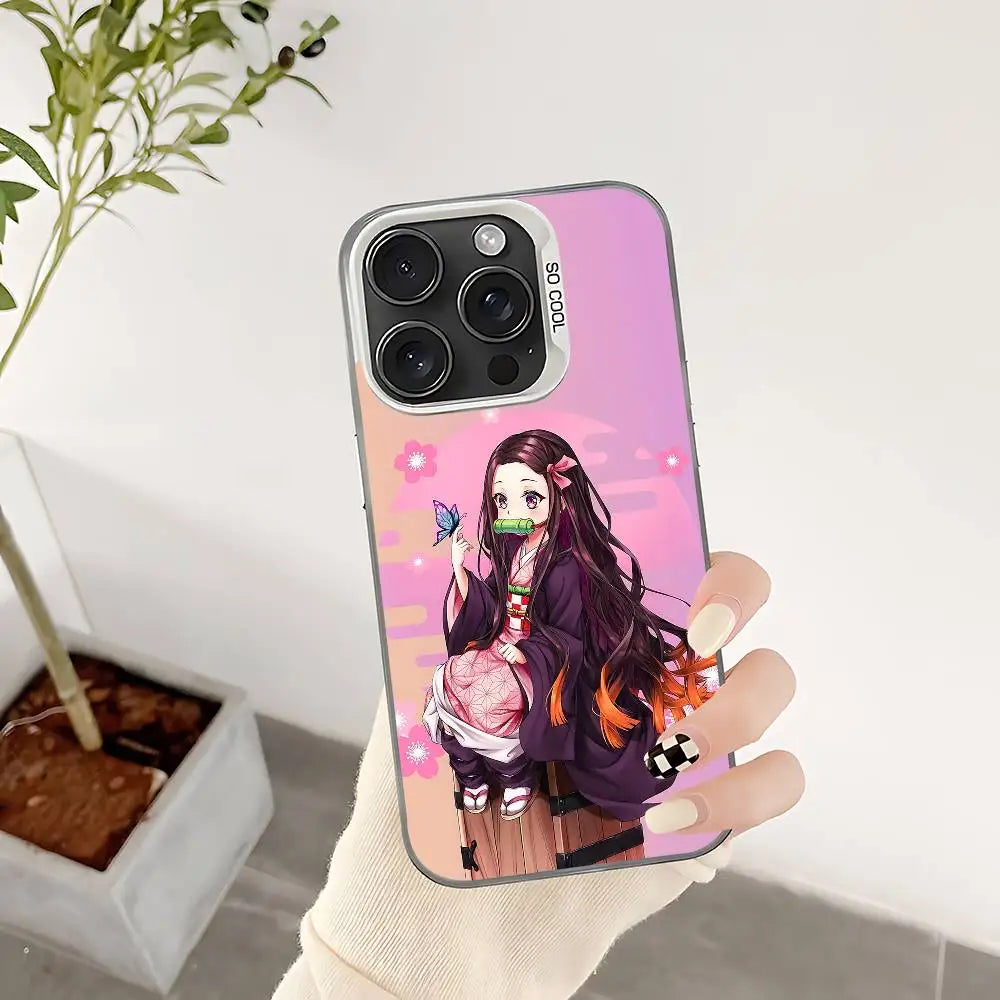 Demon Slayer Nezuko Kamado Cartoon Phone Case For IPhone 17 16 15 14 13 12 11 Pro Max Plus Color Shockproof Back Silver Cover