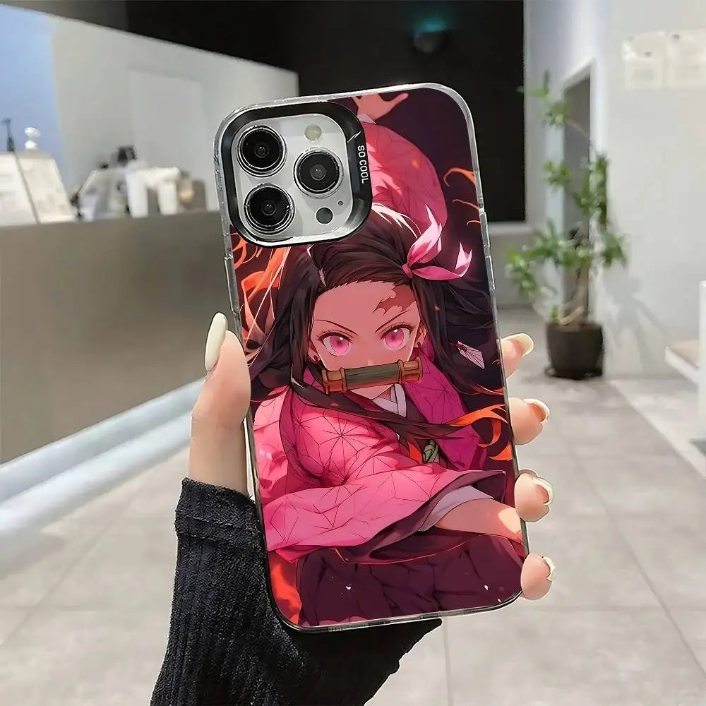 Demon Slayer Nezuko Kamado Cartoon Phone Case For IPhone 17 16 15 14 13 12 11 Pro Max Plus Color Shockproof Back Silver Cover
