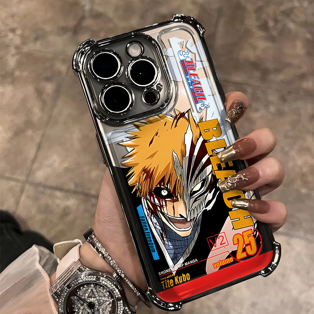 New HotAnime Cool BLEACH Plating Case For iPhone 16 15 14 13 12 11 Pro Max X XR XSMax 7 8 6 Plus Anti-Fall Airabag Back Cover