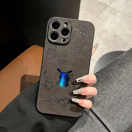 Japan Anime P-Pokemon P-Pikachus Phone Cover for iPhone 12 13 14 15 16 17 Pro Max Plus 11 16plus Air Laser Emboss Leather Case