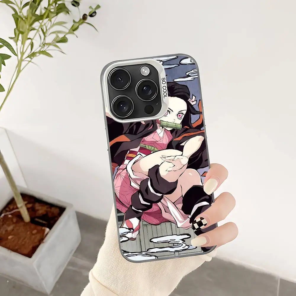 Demon Slayer Nezuko Kamado Cartoon Phone Case For IPhone 17 16 15 14 13 12 11 Pro Max Plus Color Shockproof Back Silver Cover