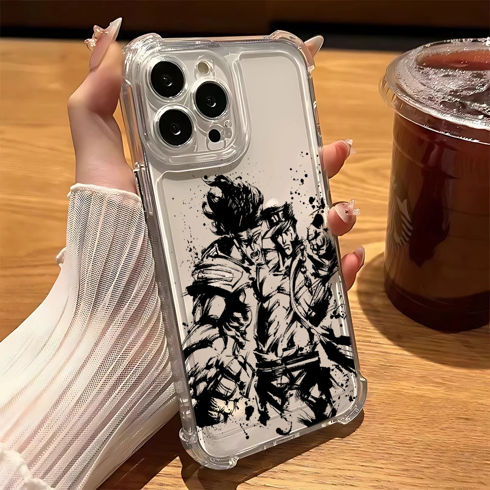 Black Anime JoJo's Bizarre Adventure Phone Case For iPhone 16 15 14 13 12 Mini Pro Max X XR XSMax 7 8 Plus Anti Fall Transparent