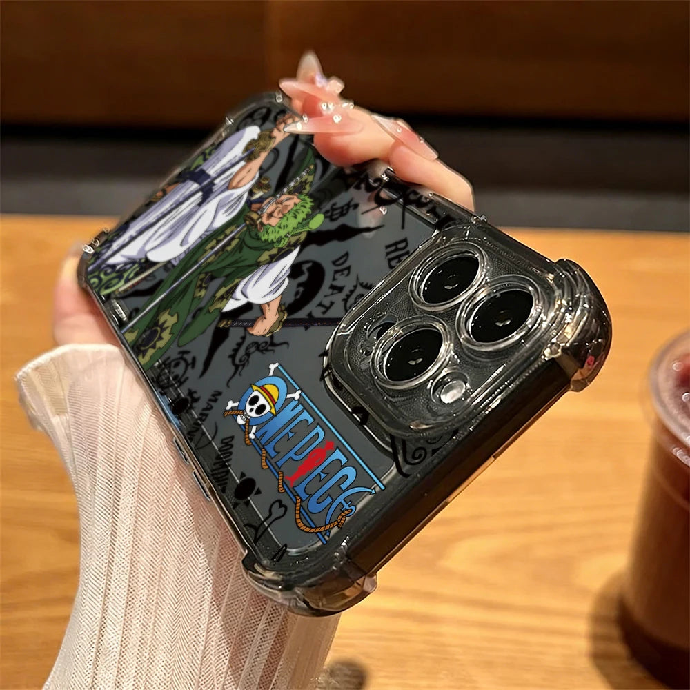 One Pieces Aces Zoros Phone Case for iPhone 17 Air 16 16e 15 14 Plus 13 12 11 Pro Max X Xs XR 8 Black Clear Anti Drop Cover