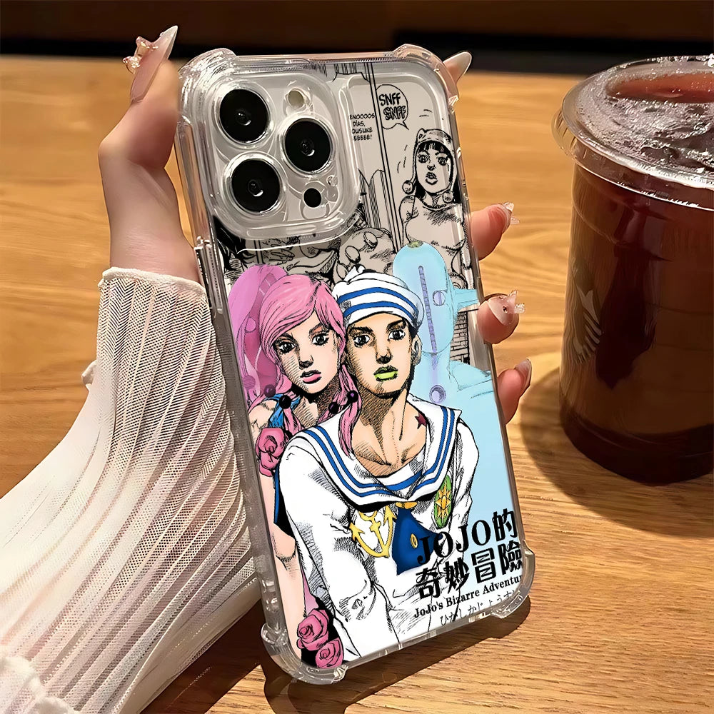 Black Anime JoJo's Bizarre Adventure Phone Case For iPhone 16 15 14 13 12 Mini Pro Max X XR XSMax 7 8 Plus Anti Fall Transparent