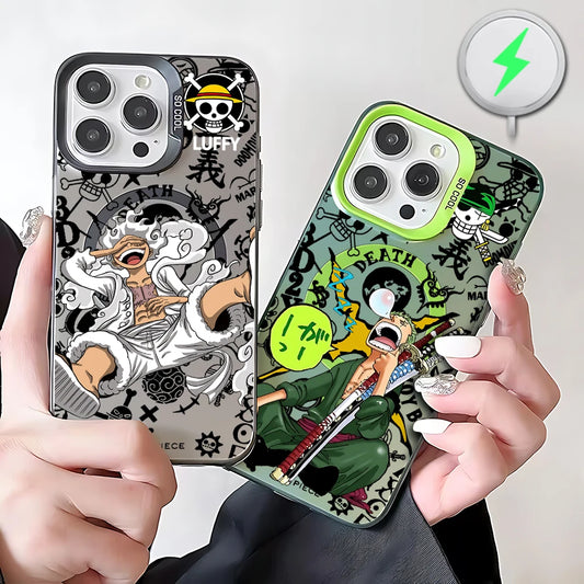 Anime O-Ones Pieces Luffys Zoros Magnetic Case for iPhone 12 13 14 15 16 17 Air Pro Max Plus Soft Silver Plated Anti Fall Cover