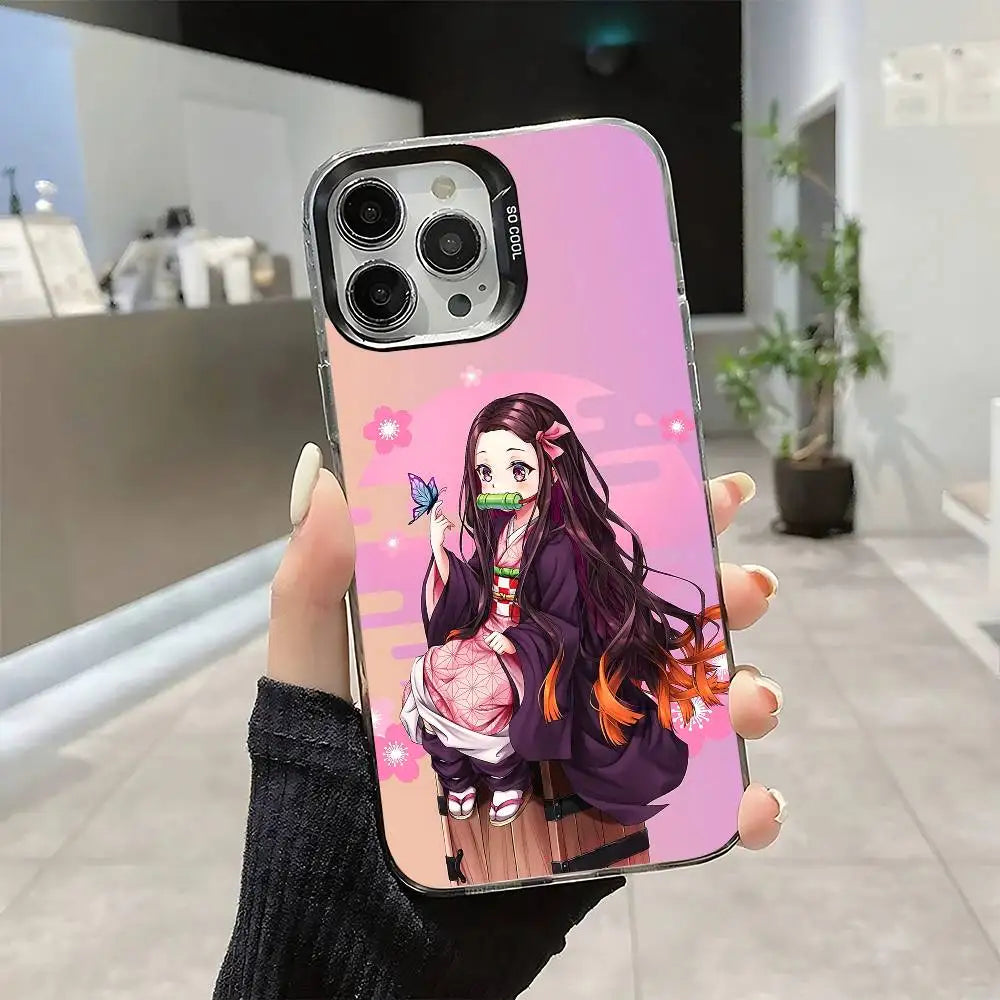 Demon Slayer Nezuko Kamado Cartoon Phone Case For IPhone 17 16 15 14 13 12 11 Pro Max Plus Color Shockproof Back Silver Cover