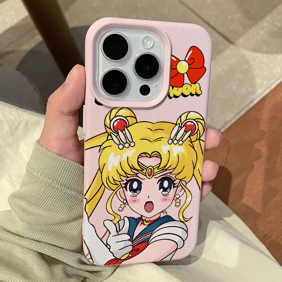 Anime S-Sailors M-Moons Lichee leather pattern Phone Case For iPhone 17 16e 16 15 14 13 12 11 Air Pro Max Plus X XR XSMax