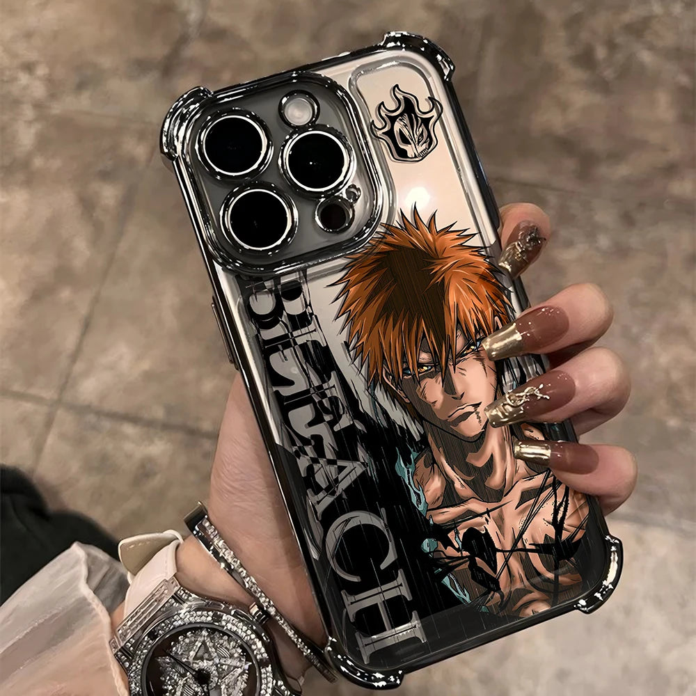 New HotAnime Cool BLEACH Plating Case For iPhone 16 15 14 13 12 11 Pro Max X XR XSMax 7 8 6 Plus Anti-Fall Airabag Back Cover