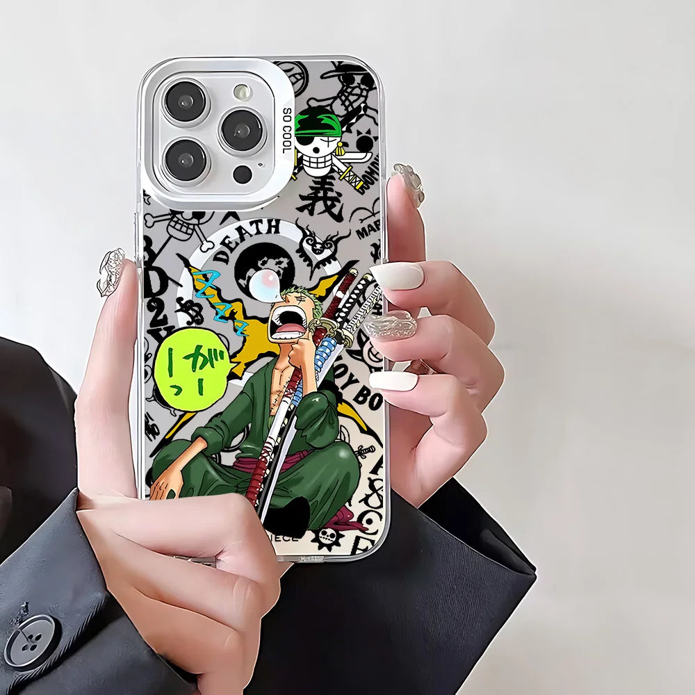 Anime O-Ones Pieces Luffys Zoros Magnetic Case for iPhone 12 13 14 15 16 17 Air Pro Max Plus Soft Silver Plated Anti Fall Cover