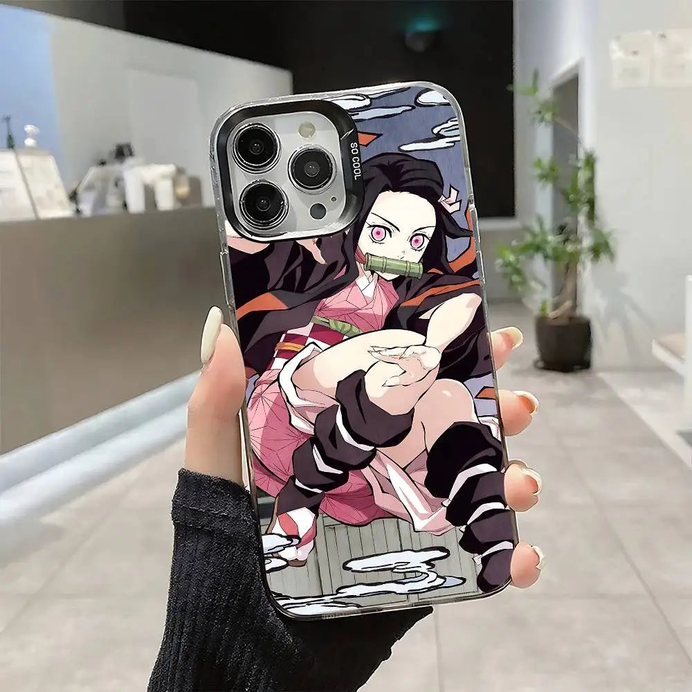 Demon Slayer Nezuko Kamado Cartoon Phone Case For IPhone 17 16 15 14 13 12 11 Pro Max Plus Color Shockproof Back Silver Cover