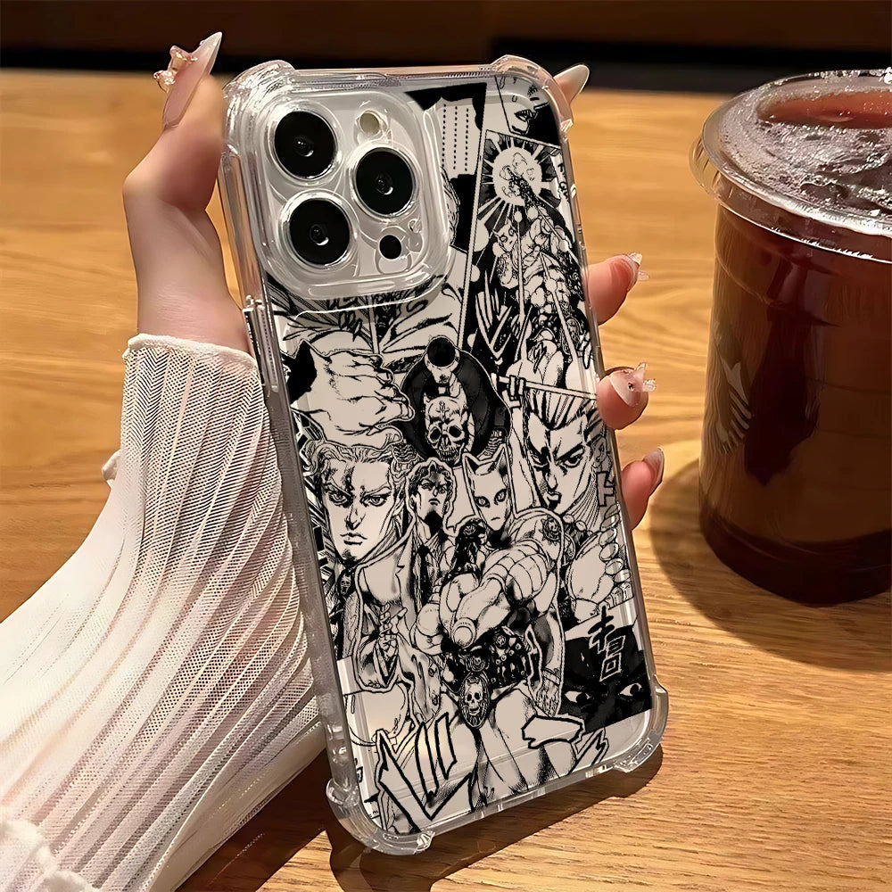 Black Anime JoJo's Bizarre Adventure Phone Case For iPhone 16 15 14 13 12 Mini Pro Max X XR XSMax 7 8 Plus Anti Fall Transparent