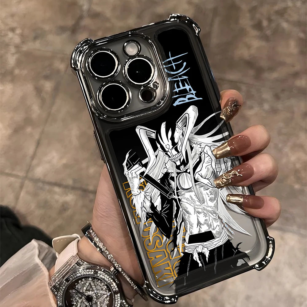 New HotAnime Cool BLEACH Plating Case For iPhone 16 15 14 13 12 11 Pro Max X XR XSMax 7 8 6 Plus Anti-Fall Airabag Back Cover