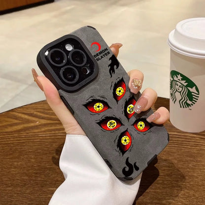 Luxury Kokushibo demon Eye Suede Leather Silicone Case protection for iPhone 17 16 15 13 12 11 14 Pro Max XS XR 7 8 Plus X Coque