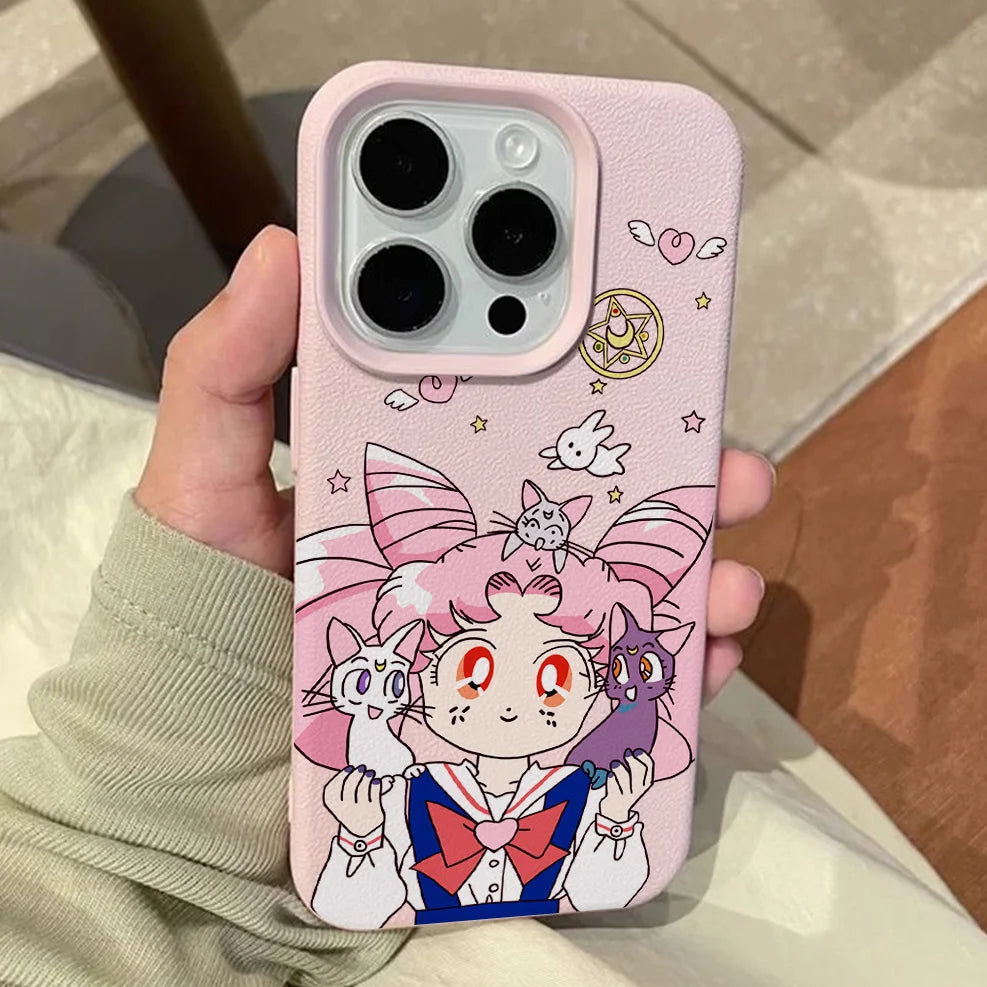 Anime S-Sailors M-Moons Lichee leather pattern Phone Case For iPhone 17 16e 16 15 14 13 12 11 Air Pro Max Plus X XR XSMax