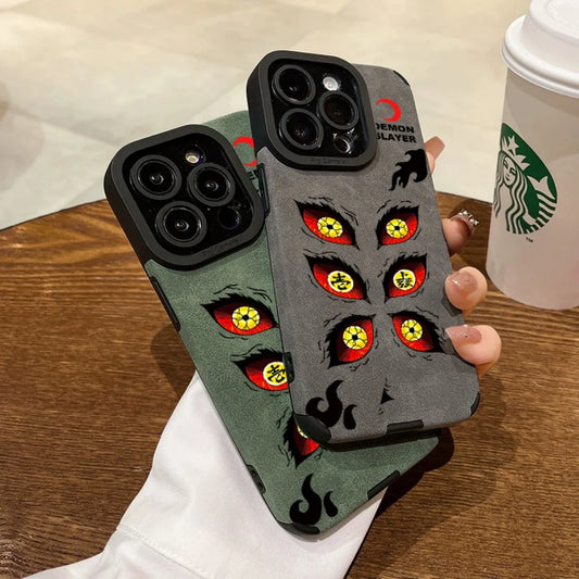 Luxury Kokushibo demon Eye Suede Leather Silicone Case protection for iPhone 17 16 15 13 12 11 14 Pro Max XS XR 7 8 Plus X Coque