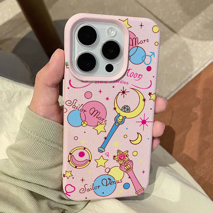 Anime S-Sailors M-Moons Lichee leather pattern Phone Case For iPhone 17 16e 16 15 14 13 12 11 Air Pro Max Plus X XR XSMax