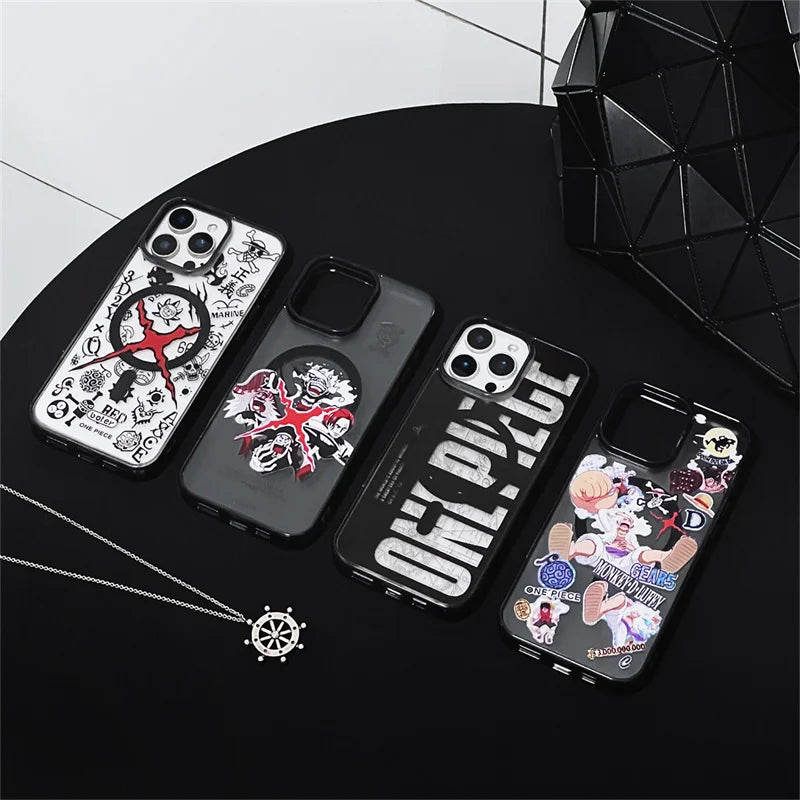 Anime Comics One Piece Case For iPhone 16 15 14 13 12 11 Pro Max Plus Cartoon Luffy Matte For Magsafe Wireless Charge Cover