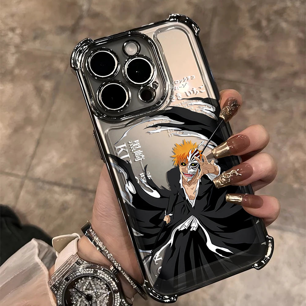 New HotAnime Cool BLEACH Plating Case For iPhone 16 15 14 13 12 11 Pro Max X XR XSMax 7 8 6 Plus Anti-Fall Airabag Back Cover