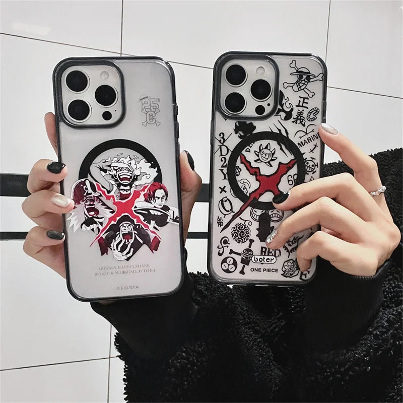 Anime Comics One Piece Case For iPhone 16 15 14 13 12 11 Pro Max Plus Cartoon Luffy Matte For Magsafe Wireless Charge Cover